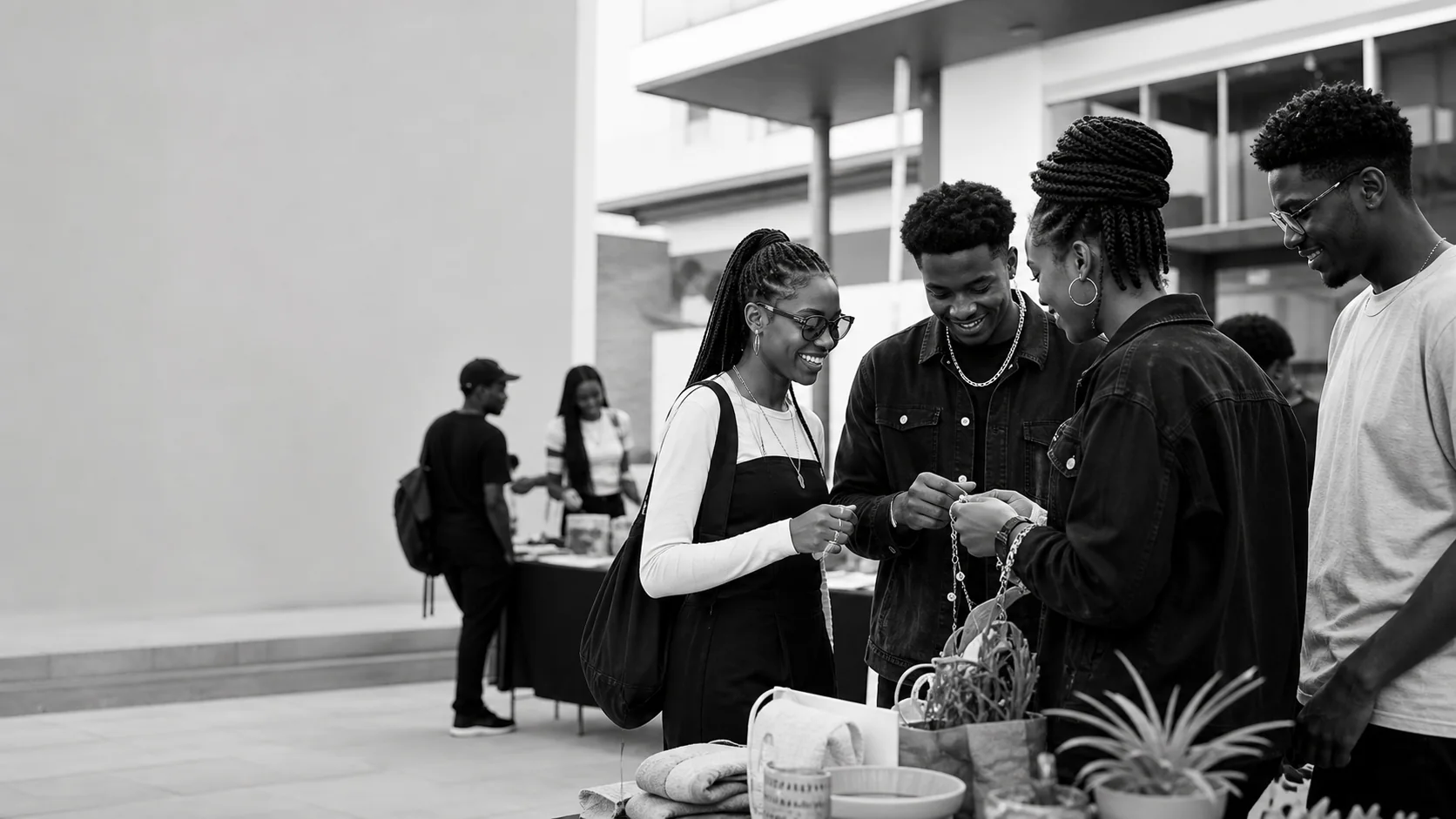 Students discovering items together at a campus market